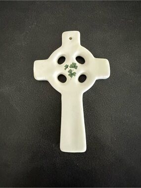 White Ceramic Celtic Cross Pendant with Clovers 4”